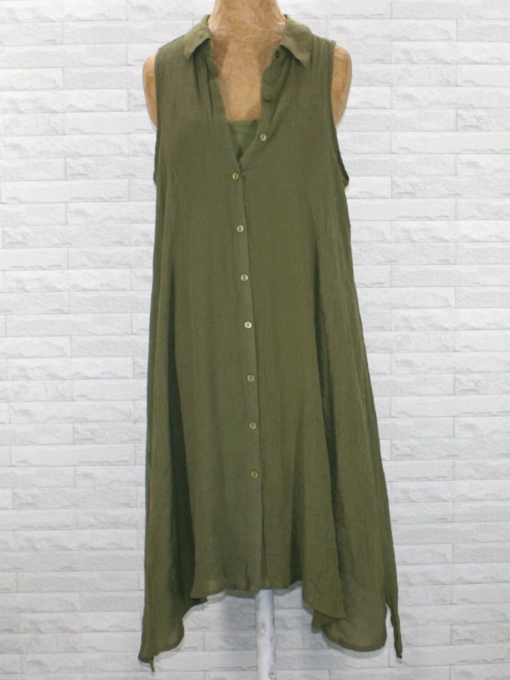 MLLE GABRIELLE Dress Sleeveless Crinkle Gauze Oversized Shirtdress Olive 1X